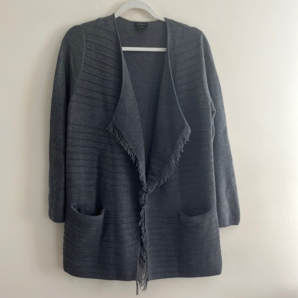 Talbots Pure‎ Merino Wool Long Open Cardigan Sweater Gray Office Casual M